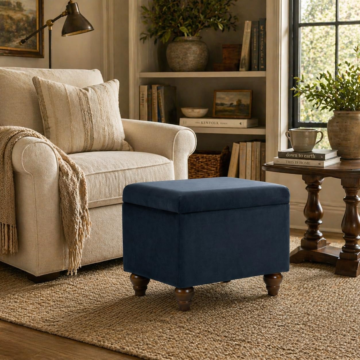 image:imageSpatial Order 24 Medium Tufted Storage Ottoman Espresso Brown Faux LeatherBlue Velvet