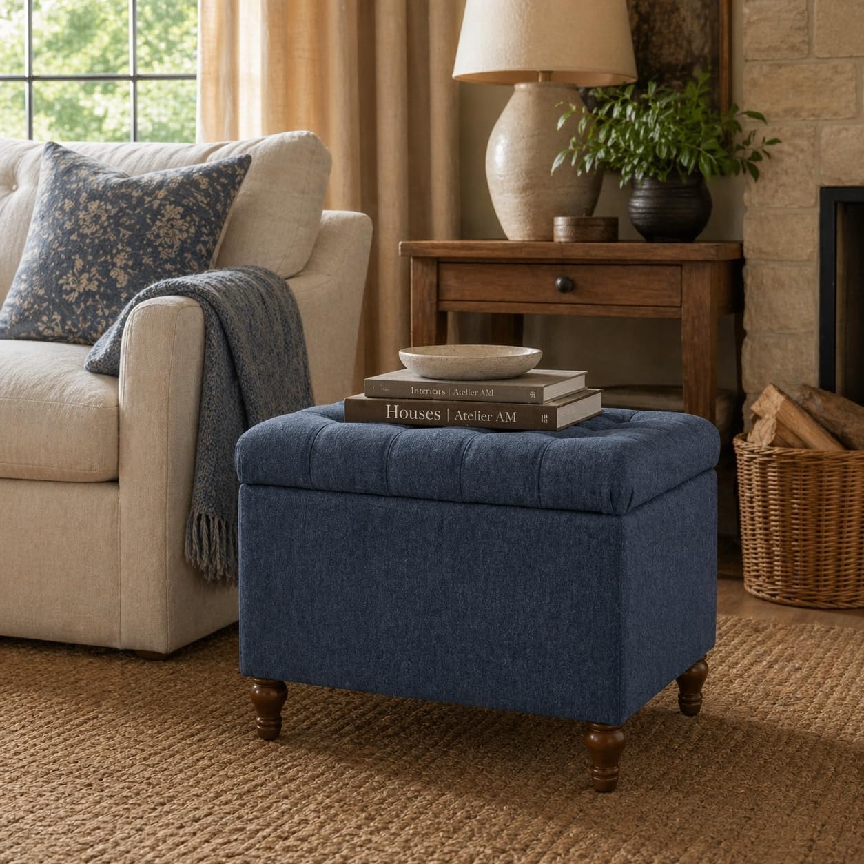 image:imageSpatial Order 24 Medium Tufted Storage Ottoman Espresso Brown Faux LeatherBlue Woven Fabric