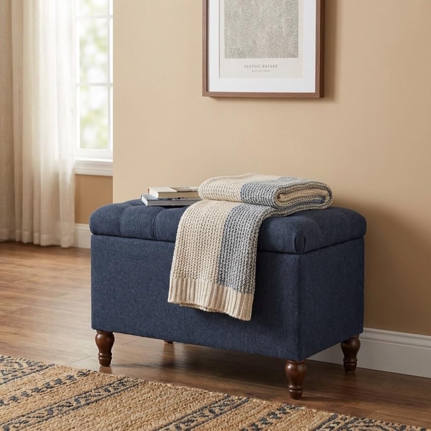 image:imageSpatial Order 24 Medium Tufted Storage Ottoman Espresso Brown Faux LeatherBlue Woven Fabric