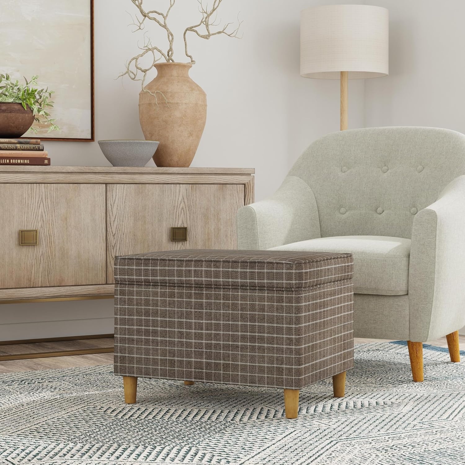 image:imageSpatial Order 24 Medium Tufted Storage Ottoman Espresso Brown Faux LeatherBrown Windowpane Fabric