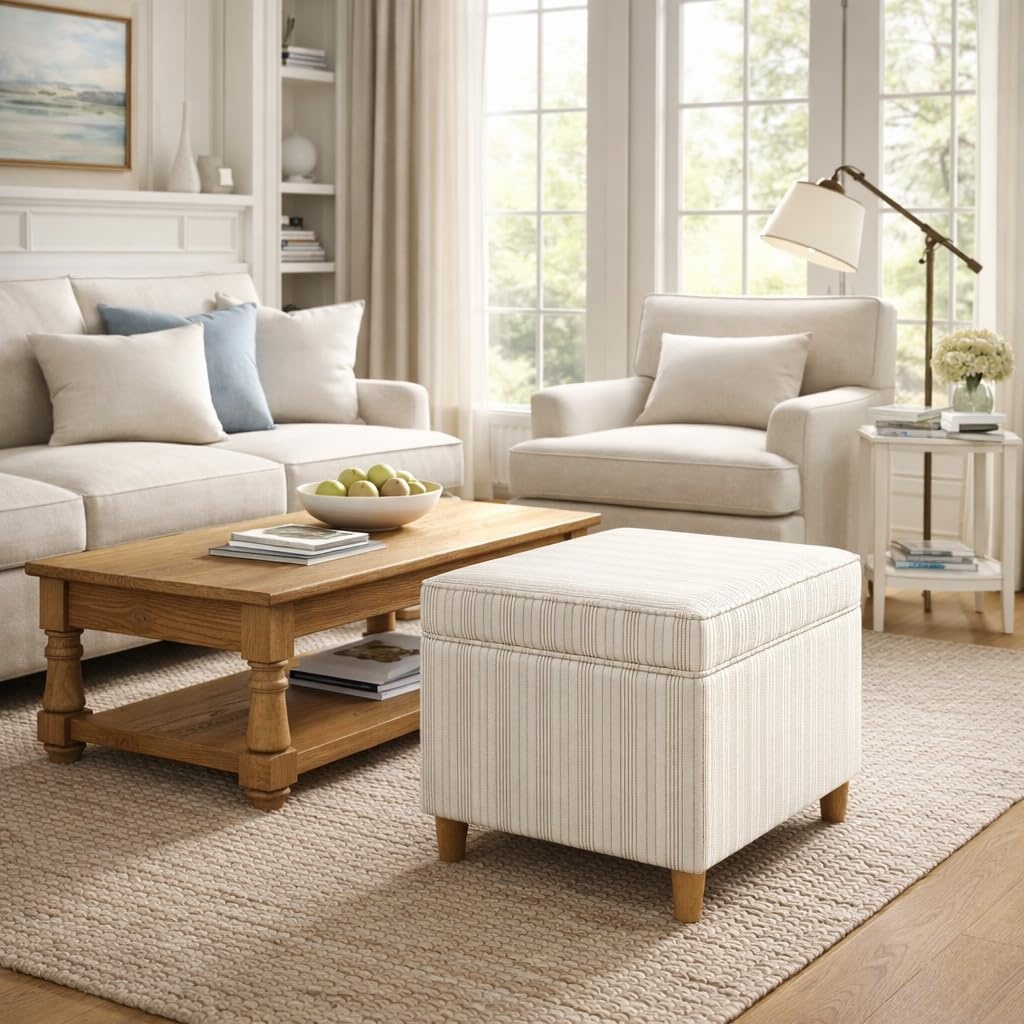 image:imageSpatial Order 24 Medium Tufted Storage Ottoman Espresso Brown Faux LeatherCream Marigold Pinstripe Fabric