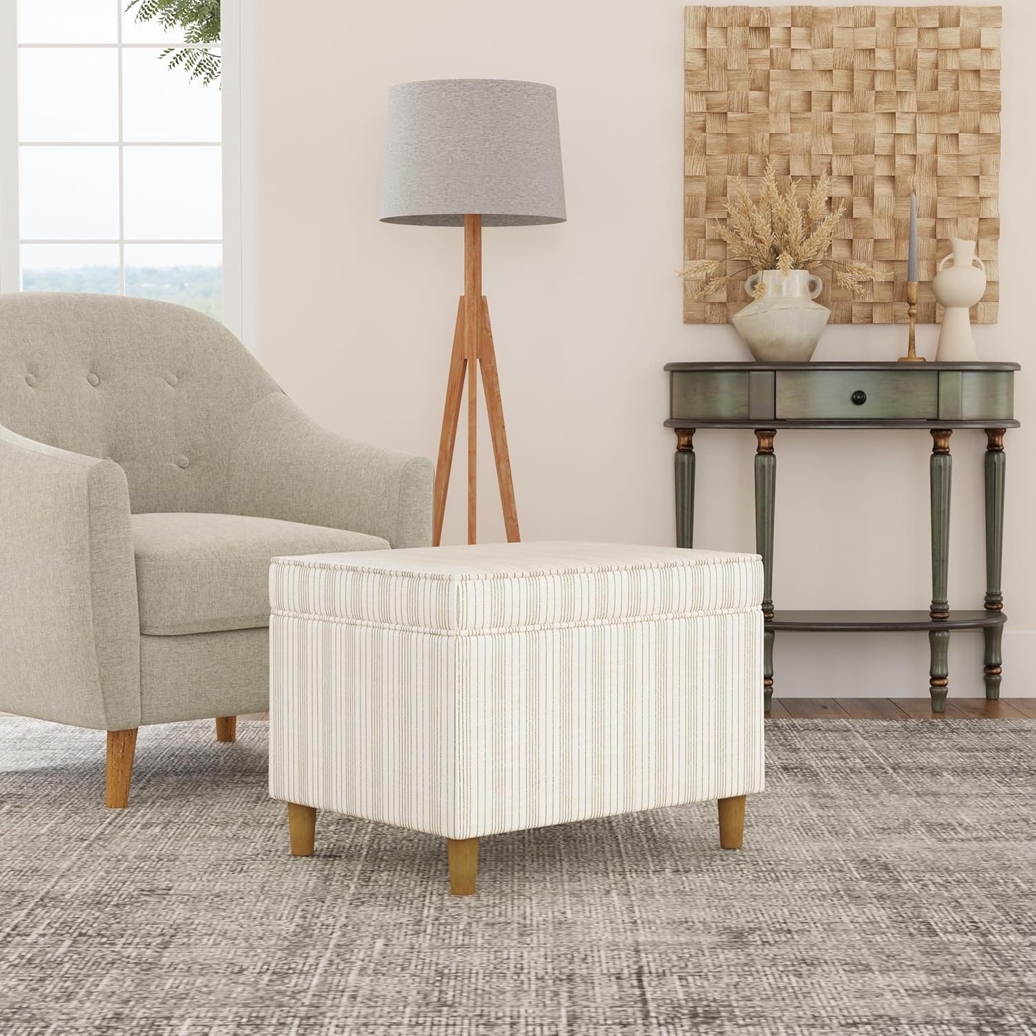 image:imageSpatial Order 24 Medium Tufted Storage Ottoman Espresso Brown Faux LeatherCream Marigold Pinstripe Fabric