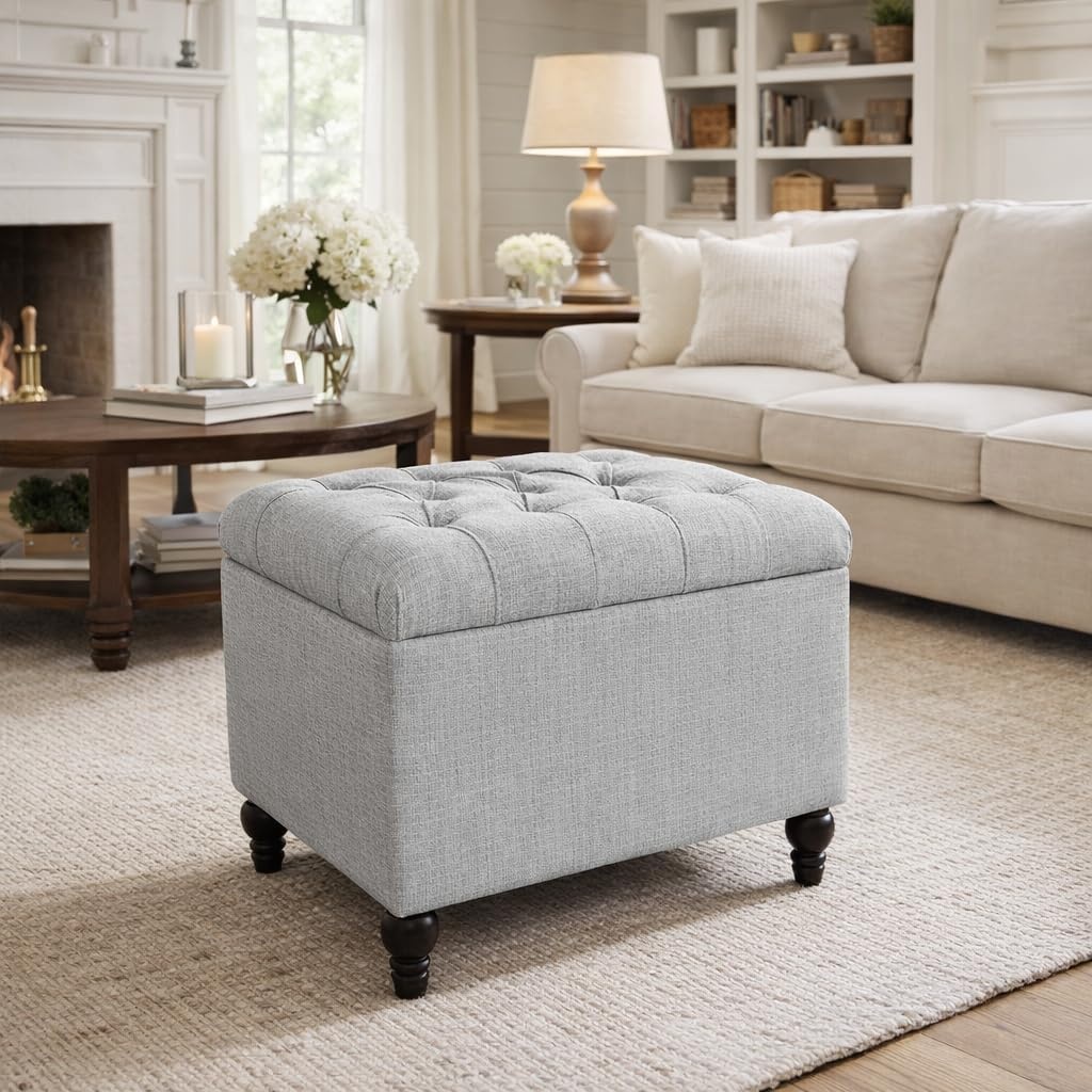 image:imageSpatial Order 24 Medium Tufted Storage Ottoman Espresso Brown Faux LeatherLight Linen Gray
