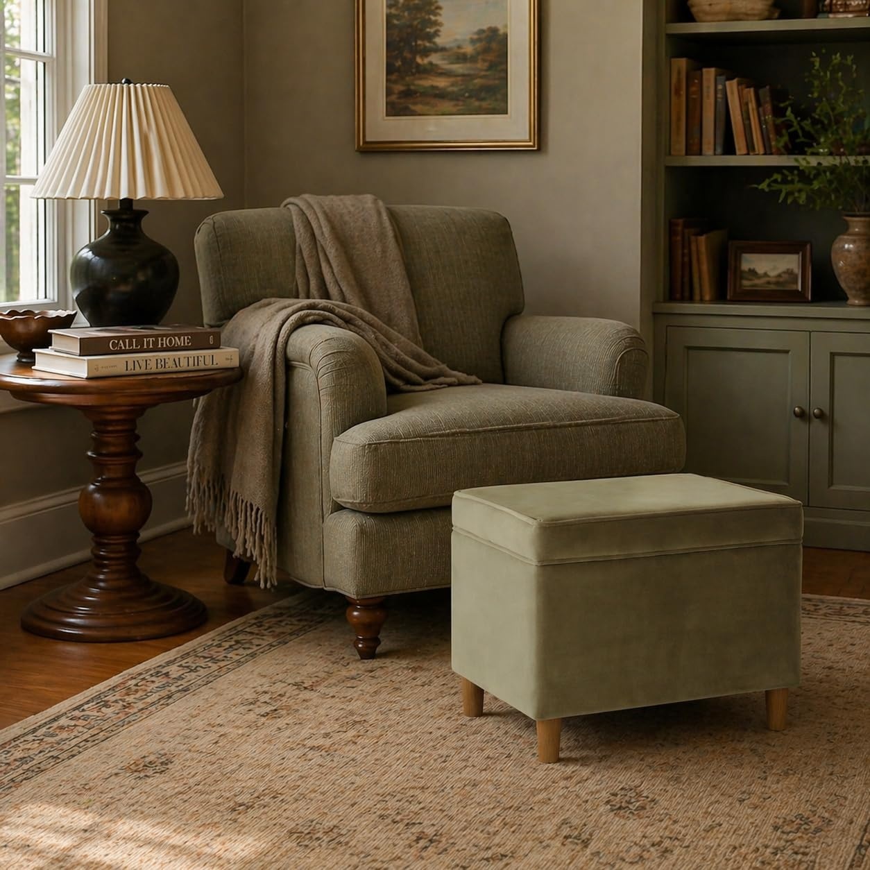 image:imageSpatial Order 24 Medium Tufted Storage Ottoman Espresso Brown Faux LeatherLight Sage Green Velvet
