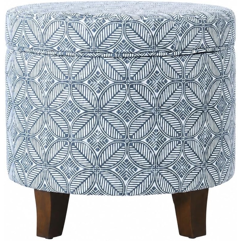 image:imageHomePop 19 Round Storage Ottoman Cream Textural WovenBlue Indigo Print