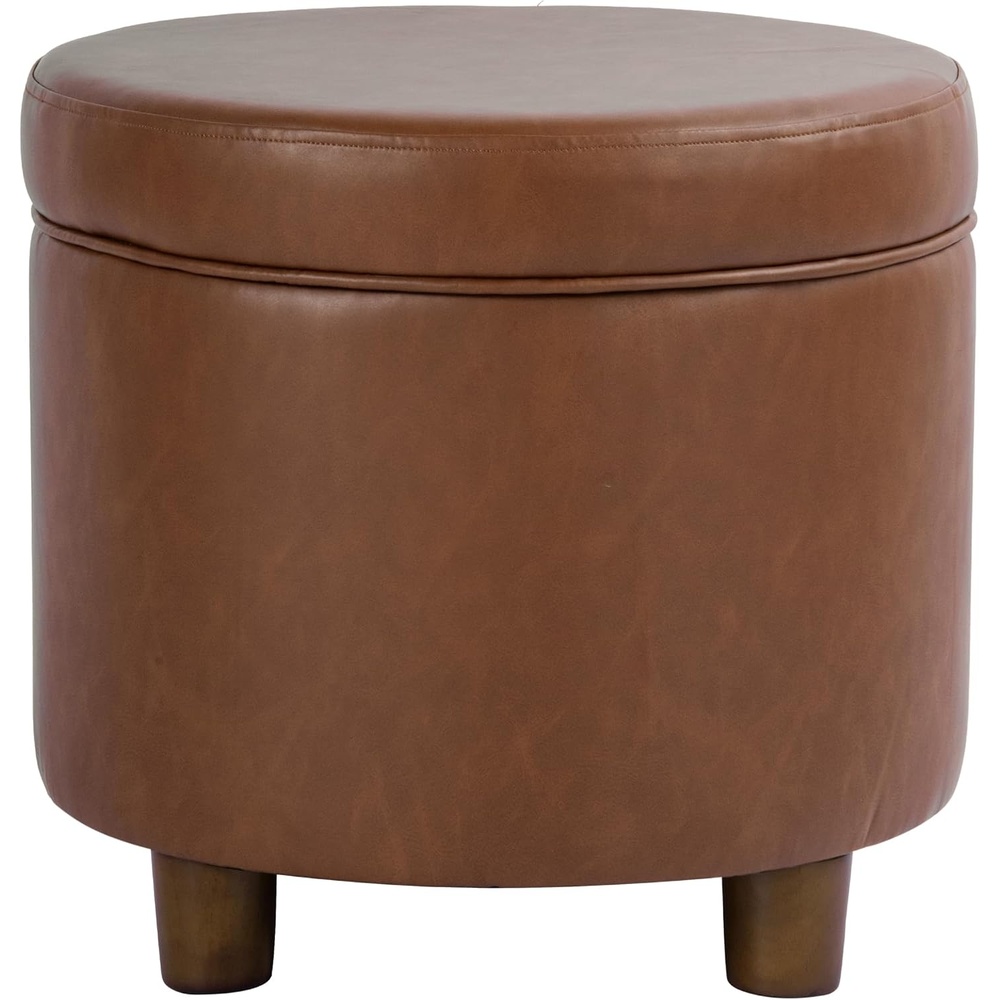 image:imageHomePop 19 Round Storage Ottoman  Cream Textural WovenChestnut Brown Faux Leather