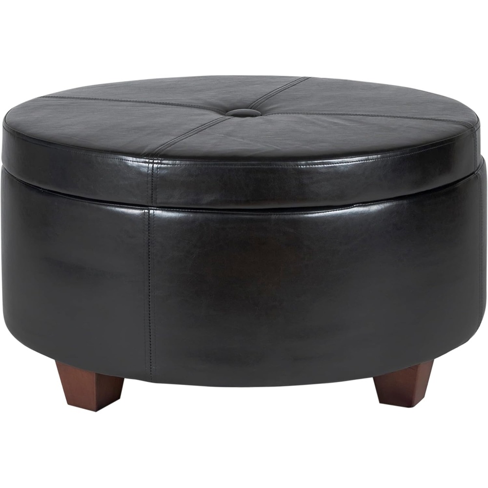 image:imageHomePop 24 Large Round Storage Ottoman  Cream Textural WovenBlack Faux Leather