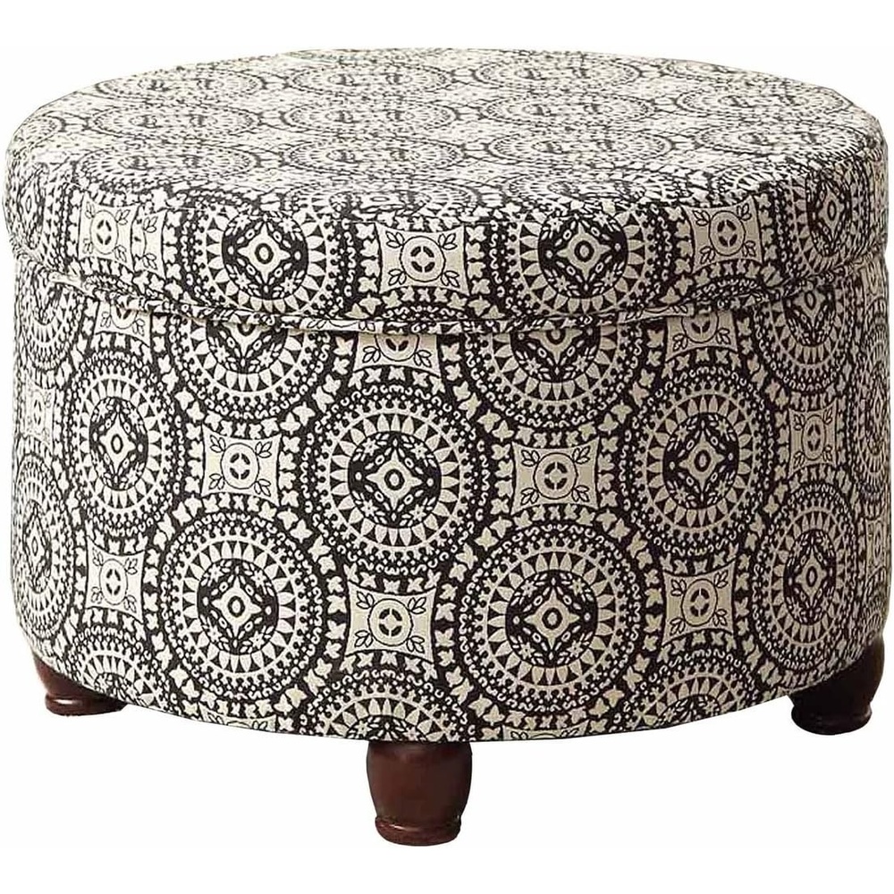 image:imageHomePop 24 Large Round Storage Ottoman  Cream Textural WovenBlack and White