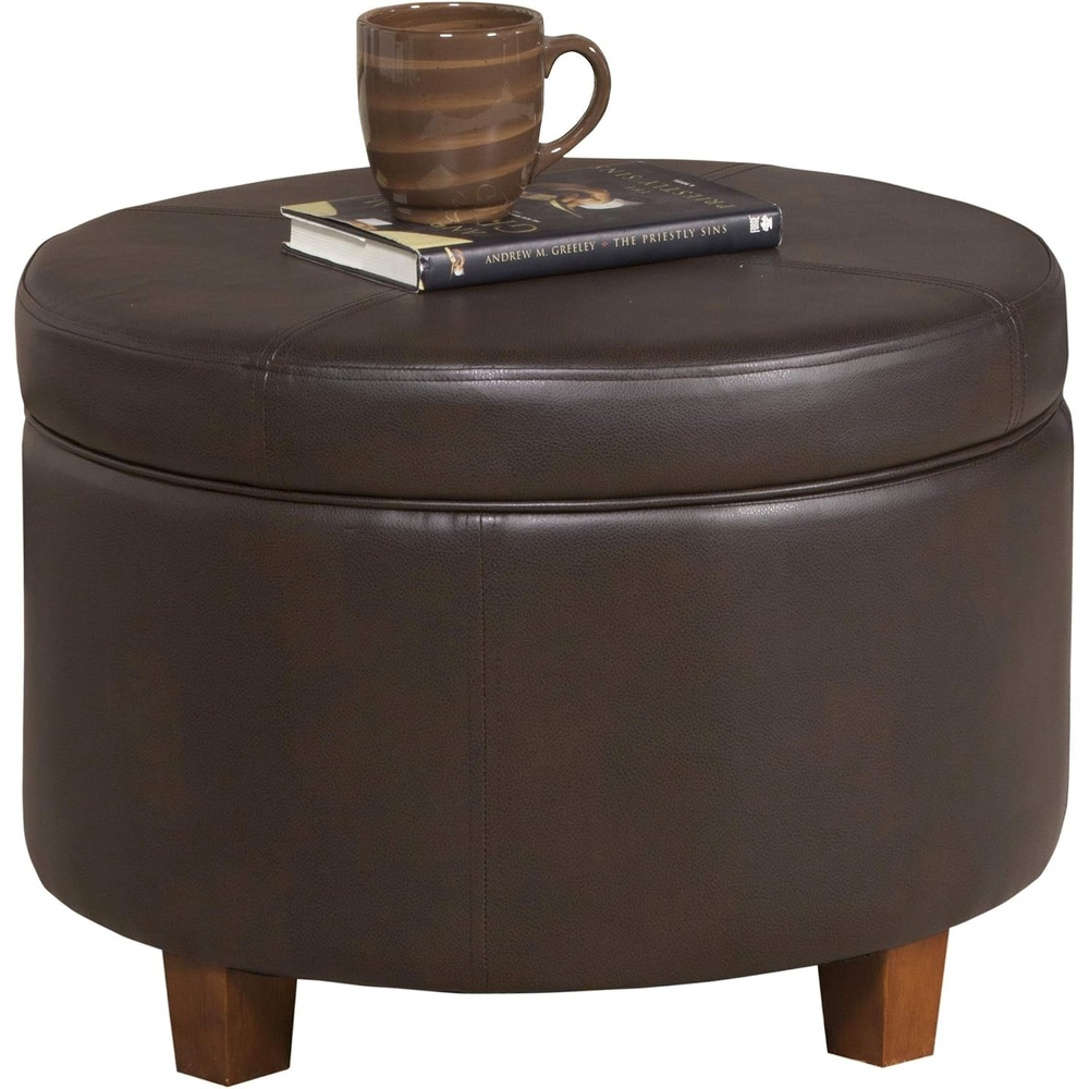 image:imageHomePop 24 Large Round Storage Ottoman  Cream Textural WovenBrown Faux Leather
