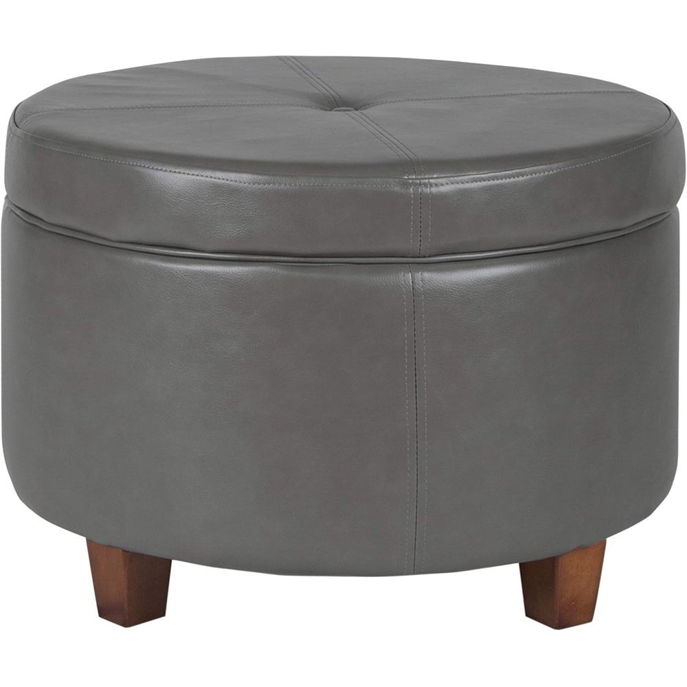 image:imageHomePop 24 Large Round Storage Ottoman  Cream Textural WovenGray Faux Leather