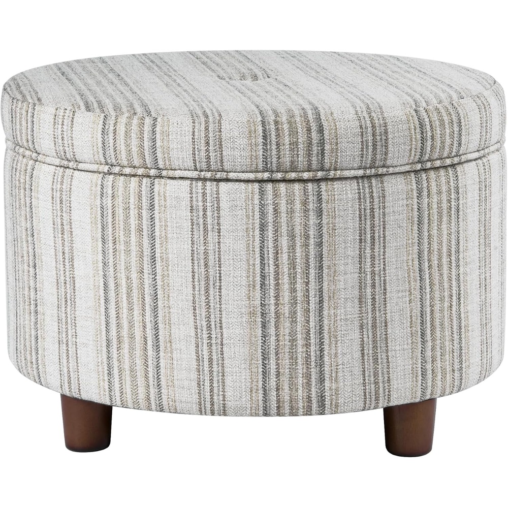 image:imageHomePop 24 Large Round Storage Ottoman Cream Textural WovenGray Striped Pattern
