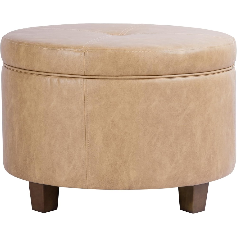 image:imageHomePop 24 Large Round Storage Ottoman Cream Textural WovenSand Faux Leather