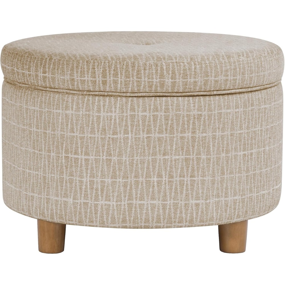 image:imageHomePop 24 Large Round Storage Ottoman Cream Textural WovenTan Geometric Pattern