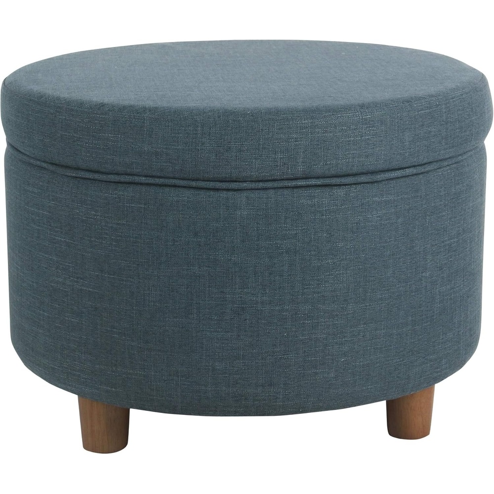 image:imageHomePop 24 Large Round Storage Ottoman Cream Textural WovenTeal Linen