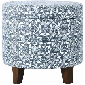 HomePop 19″ Round Storage Ottoman – Cream Textural Woven(Blue Indigo Print)