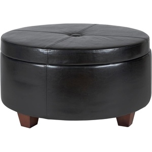 HomePop 24″ Large Round Storage Ottoman – Cream Textural Woven(Black Faux Leather)