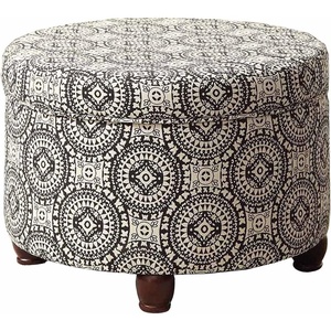 HomePop 24″ Large Round Storage Ottoman – Cream Textural Woven(Black and White)