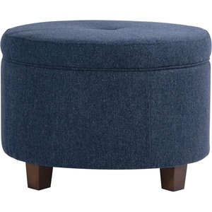 HomePop 24″ Large Round Storage Ottoman – Cream Textural Woven(Blue Woven Fabric)