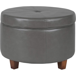 HomePop 24″ Large Round Storage Ottoman – Cream Textural Woven(Gray Faux Leather)