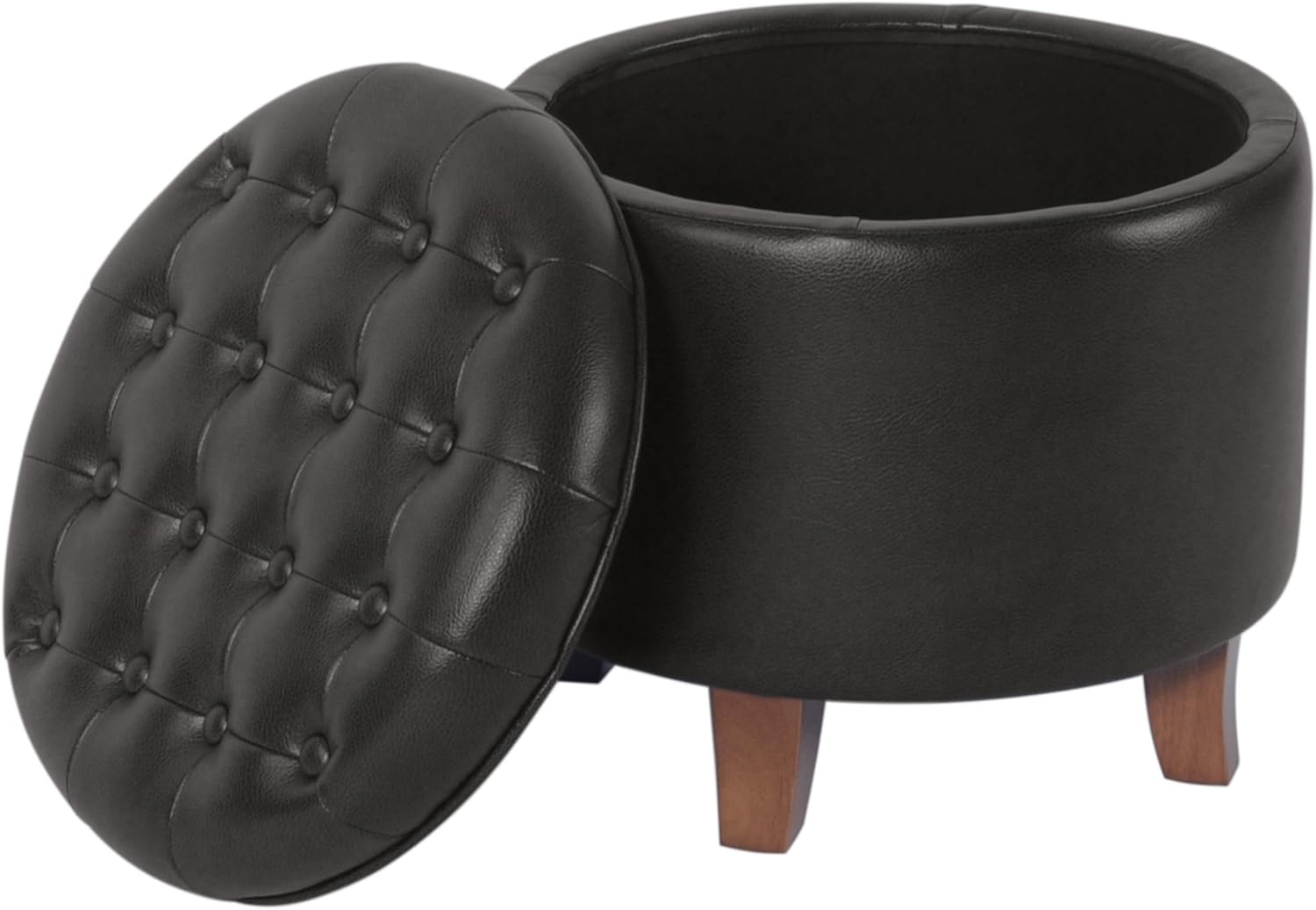 image:imageHomePop 19 Button Tufted Round Storage Ottoman Blue Gray Woven FabricBlack Faux Leather