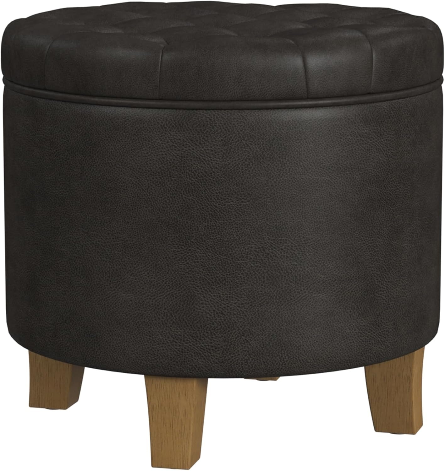 image:imageHomePop 19 Button Tufted Round Storage Ottoman Blue Gray Woven FabricBlack Faux Leather
