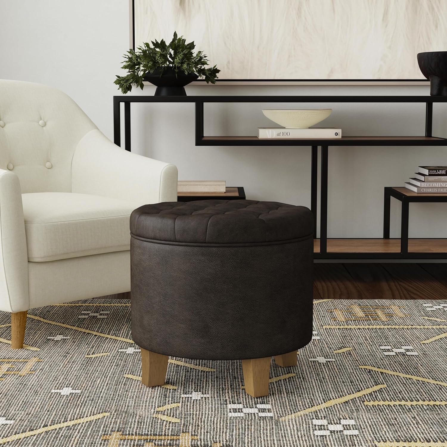 image:imageHomePop 19 Button Tufted Round Storage Ottoman Blue Gray Woven FabricBlack Faux Leather