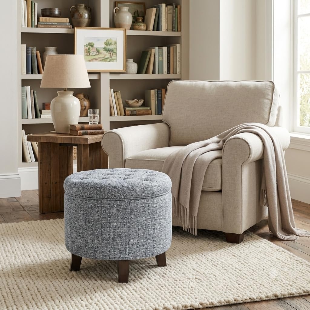 image:imageHomePop 19 Button Tufted Round Storage Ottoman Blue Gray Woven FabricBlue Gray Woven Fabric
