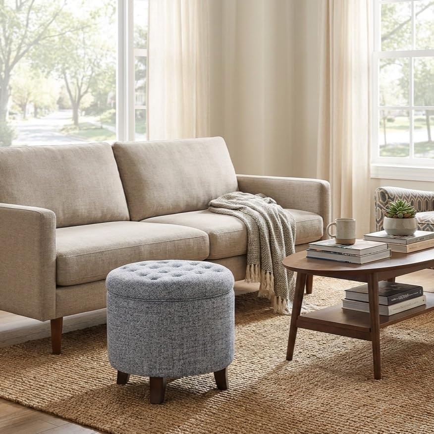 image:imageHomePop 19 Button Tufted Round Storage Ottoman Blue Gray Woven FabricBlue Gray Woven Fabric