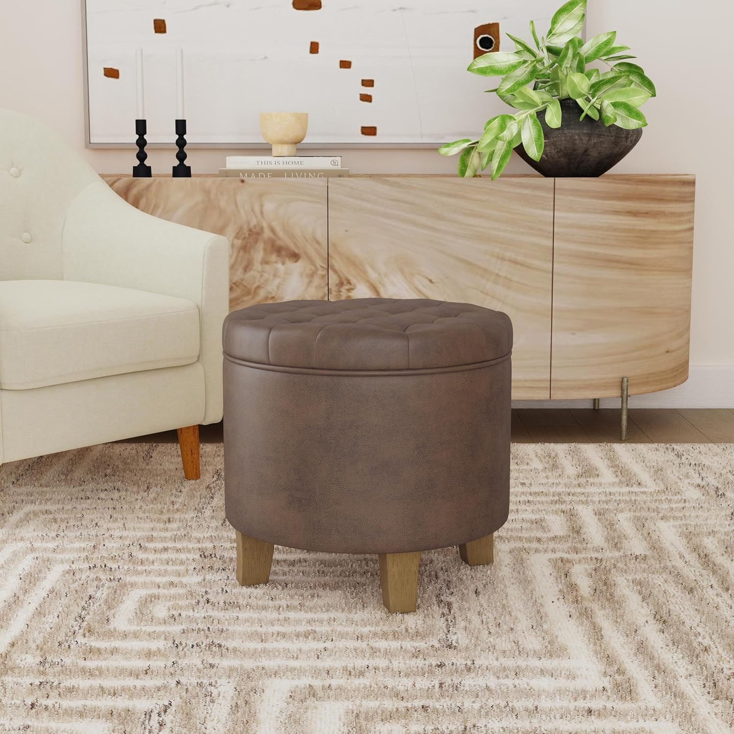 image:imageHomePop 19 Button Tufted Round Storage Ottoman Blue Gray Woven FabricBrown Faux Leather