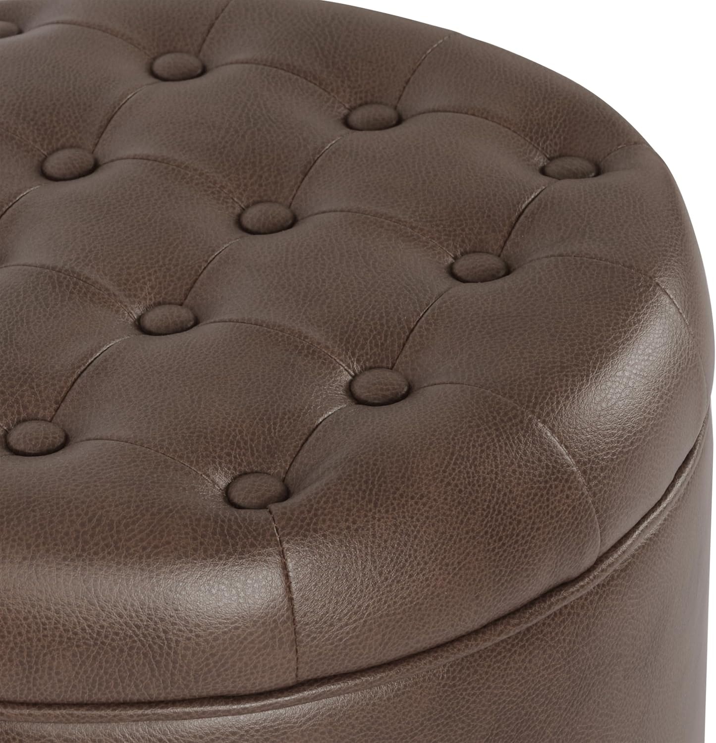 image:imageHomePop 19 Button Tufted Round Storage Ottoman Blue Gray Woven FabricBrown Faux Leather