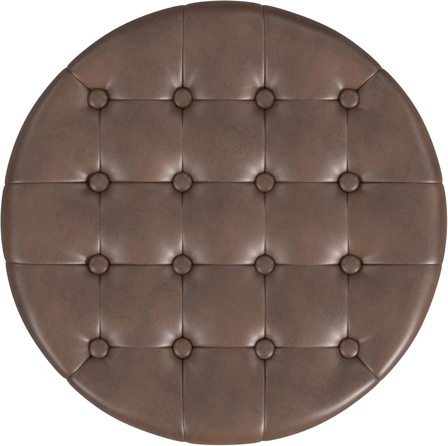 image:imageHomePop 19 Button Tufted Round Storage Ottoman Blue Gray Woven FabricBrown Faux Leather