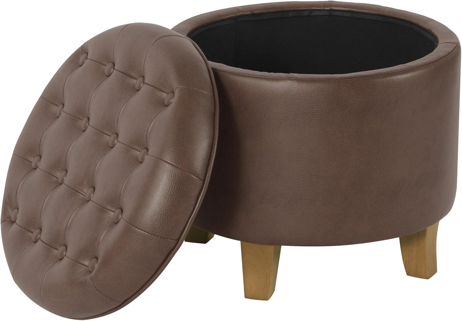 image:imageHomePop 19 Button Tufted Round Storage Ottoman Blue Gray Woven FabricBrown Faux Leather