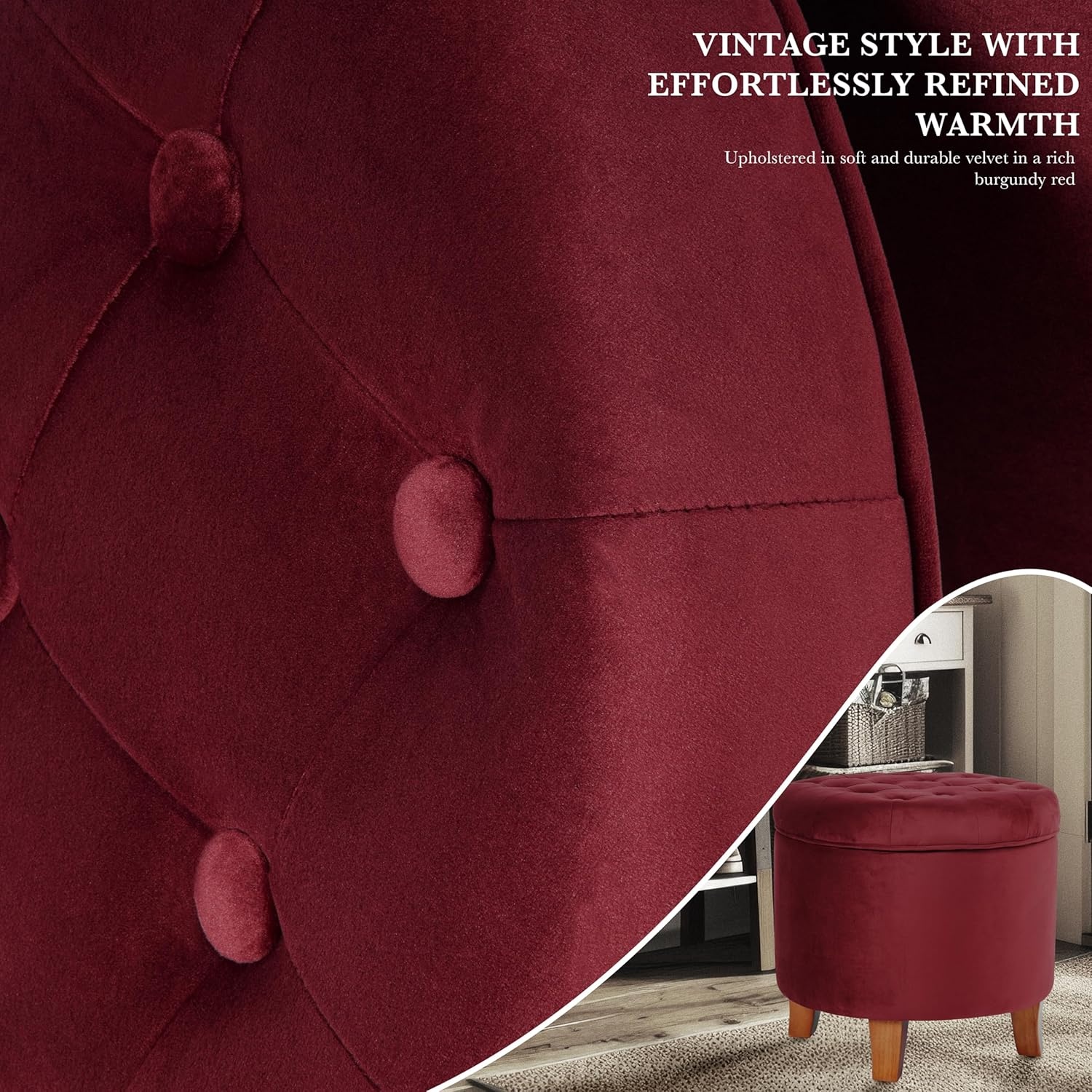 image:imageHomePop 19 Button Tufted Round Storage Ottoman Blue Gray Woven FabricBurgundy