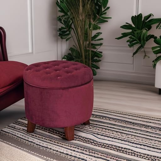 image:imageHomePop 19 Button Tufted Round Storage Ottoman Blue Gray Woven FabricBurgundy