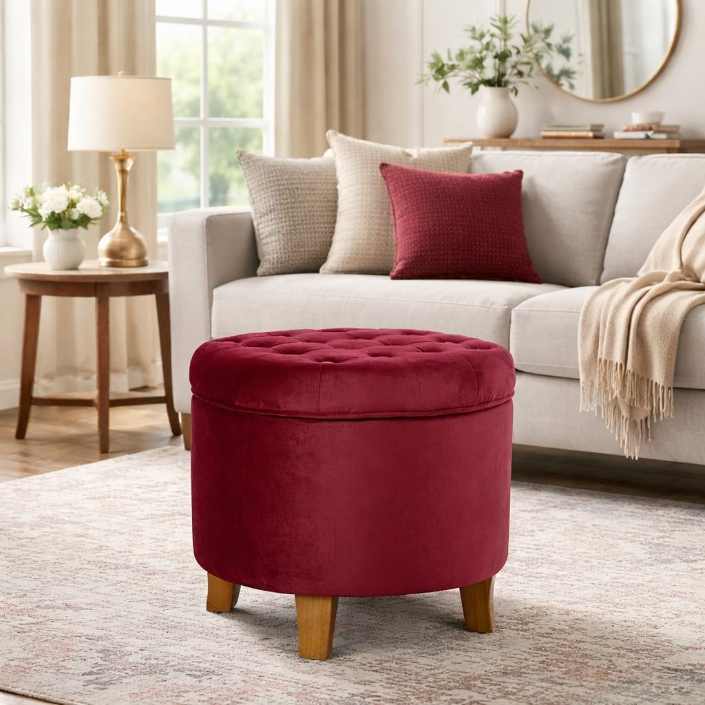 image:imageHomePop 19 Button Tufted Round Storage Ottoman Blue Gray Woven FabricBurgundy