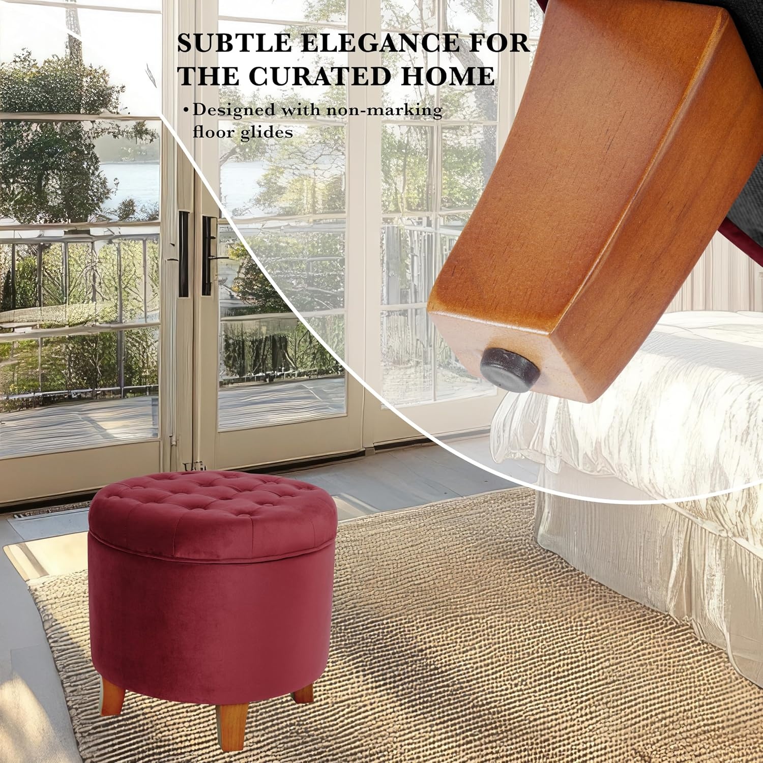 image:imageHomePop 19 Button Tufted Round Storage Ottoman Blue Gray Woven FabricBurgundy