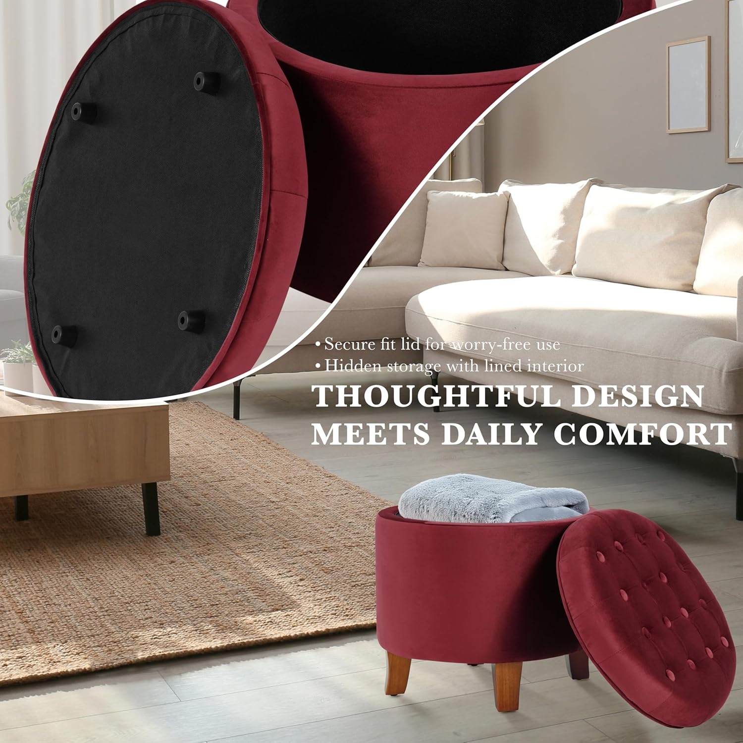 image:imageHomePop 19 Button Tufted Round Storage Ottoman Blue Gray Woven FabricBurgundy