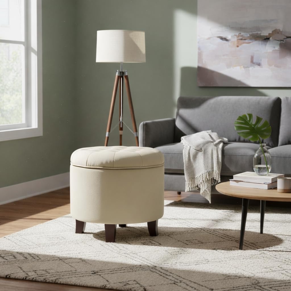 image:imageHomePop 19 Button Tufted Round Storage Ottoman Blue Gray Woven FabricCream