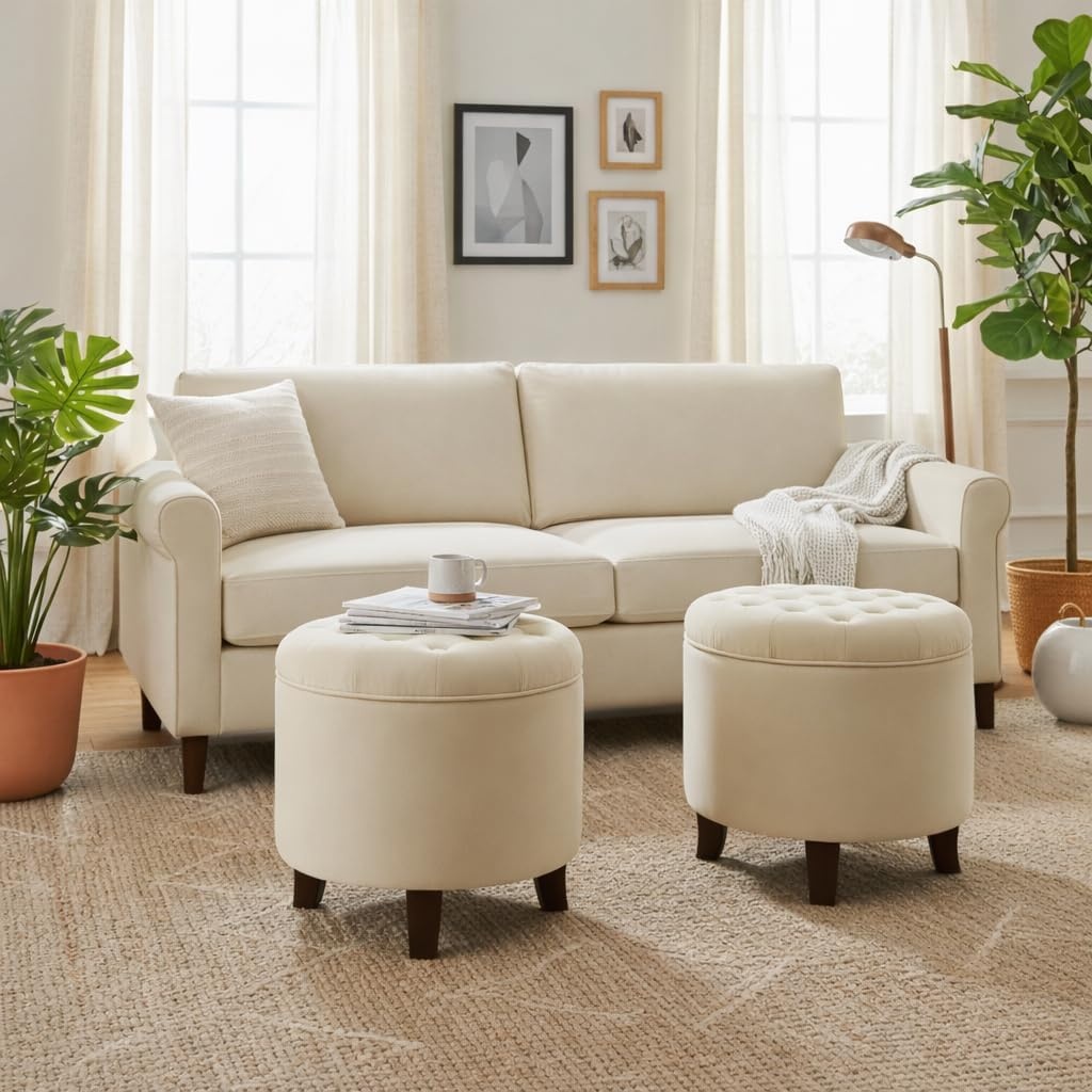 image:imageHomePop 19 Button Tufted Round Storage Ottoman Blue Gray Woven FabricCream