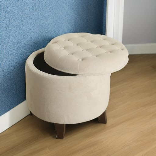 image:imageHomePop 19 Button Tufted Round Storage Ottoman Blue Gray Woven FabricCream