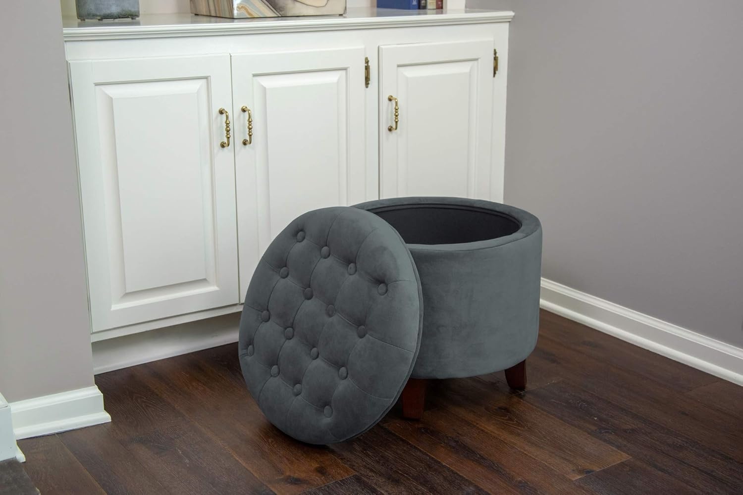 image:imageHomePop 19 Button Tufted Round Storage Ottoman Blue Gray Woven FabricDark Gray