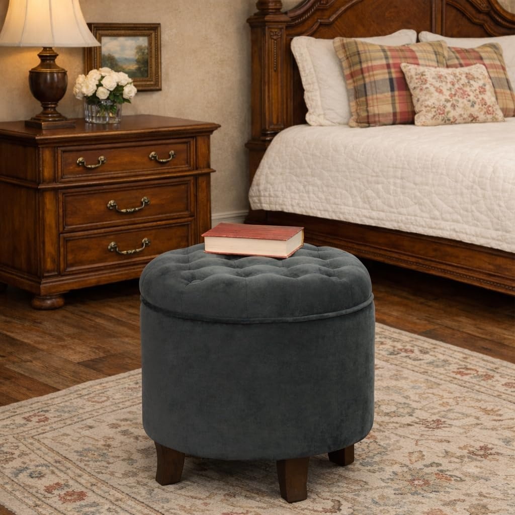 image:imageHomePop 19 Button Tufted Round Storage Ottoman Blue Gray Woven FabricDark Gray