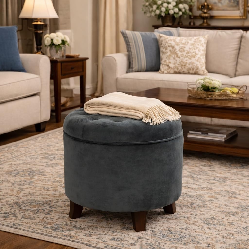 image:imageHomePop 19 Button Tufted Round Storage Ottoman Blue Gray Woven FabricDark Gray