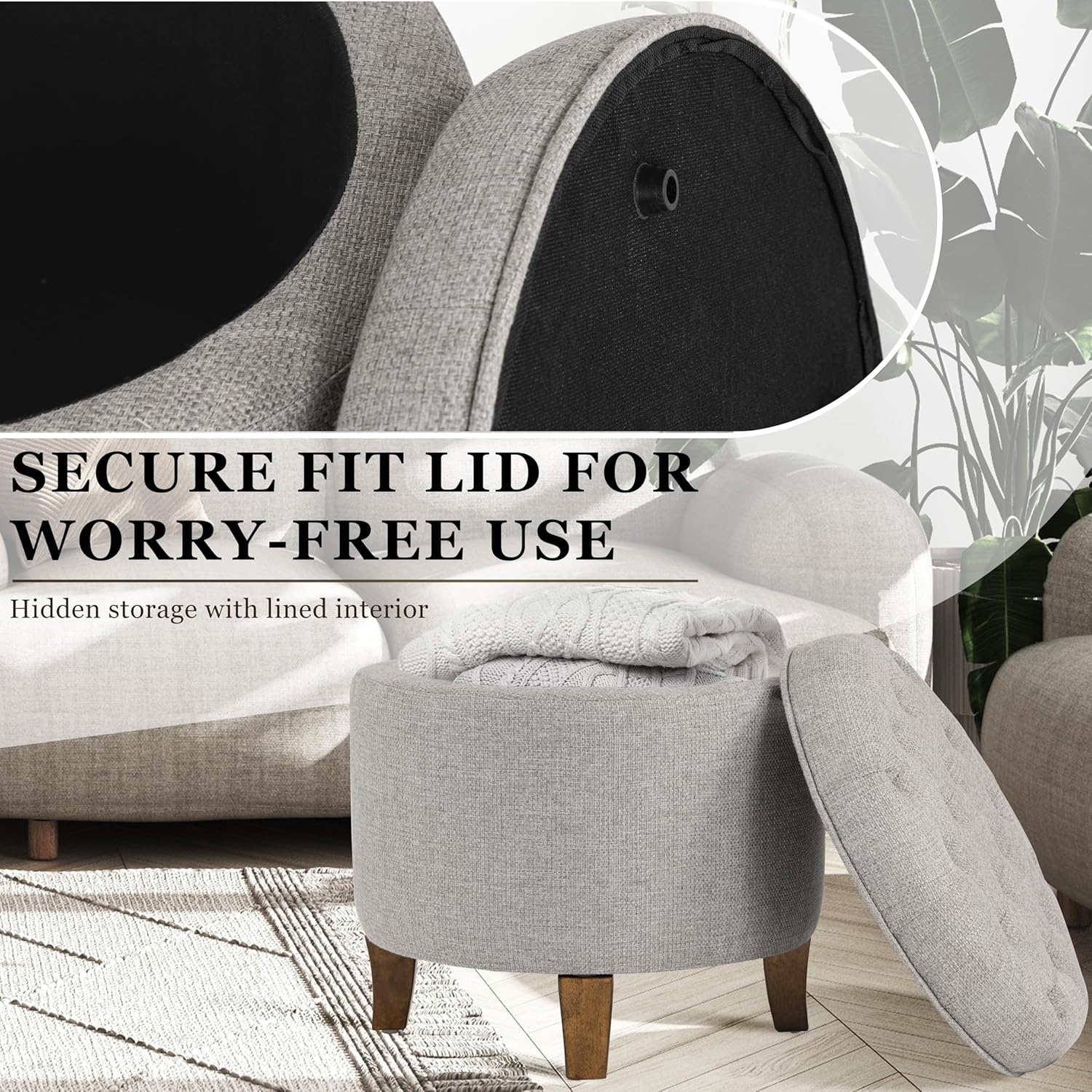image:imageHomePop 19 Button Tufted Round Storage Ottoman Blue Gray Woven FabricGray Fabric