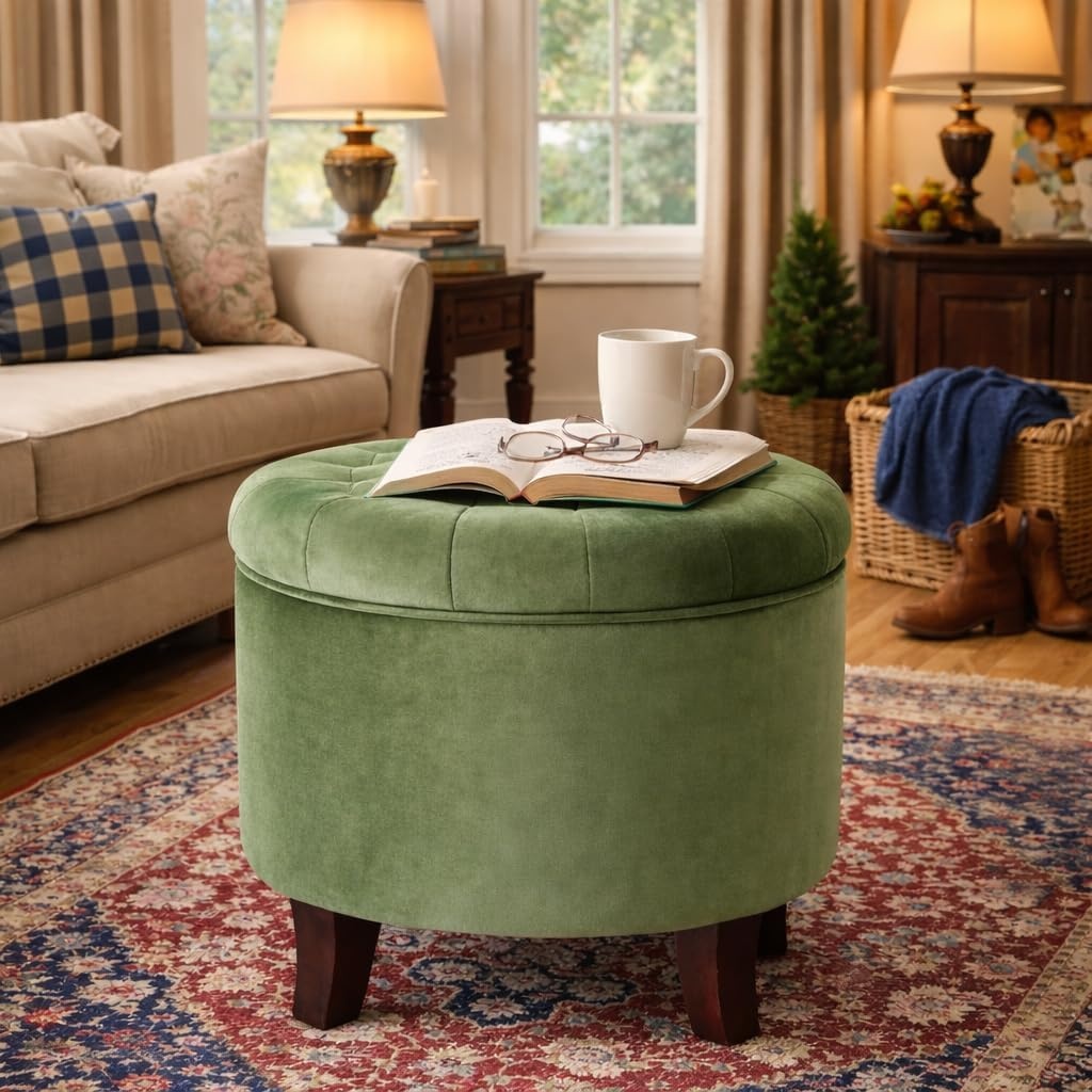 image:imageHomePop 19 Button Tufted Round Storage Ottoman Blue Gray Woven FabricGreen
