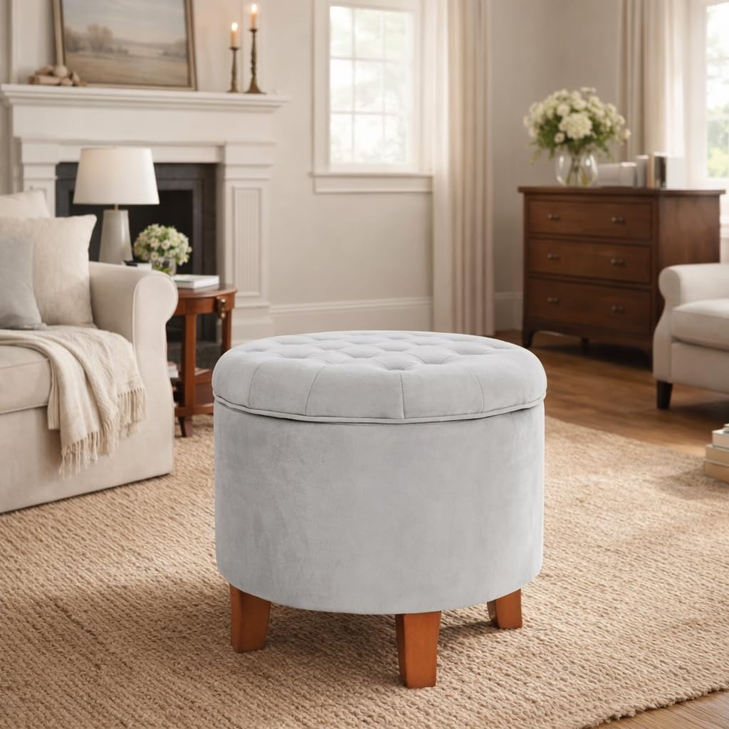 image:imageHomePop 19 Button Tufted Round Storage Ottoman Blue Gray Woven FabricGrey
