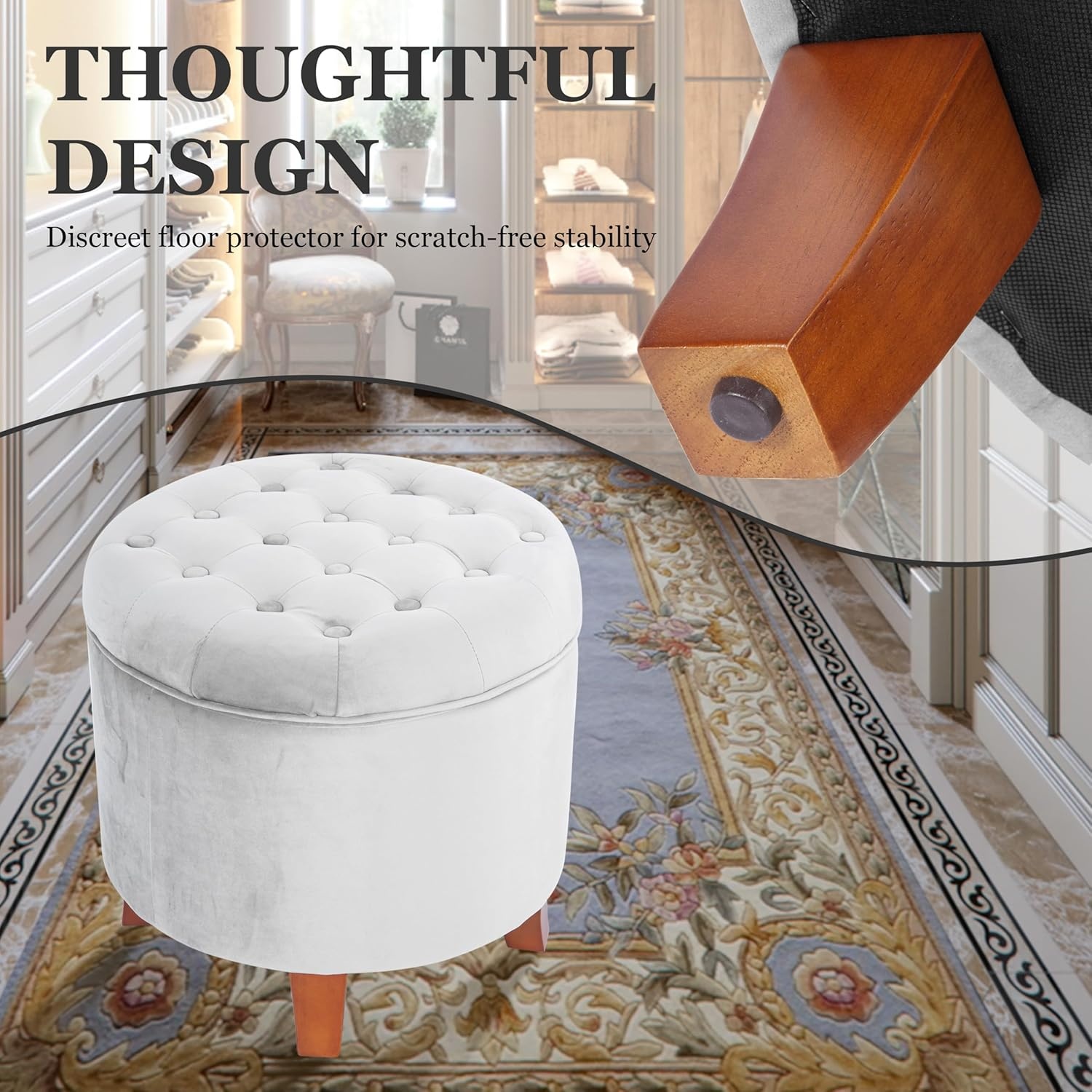 image:imageHomePop 19 Button Tufted Round Storage Ottoman Blue Gray Woven FabricGrey