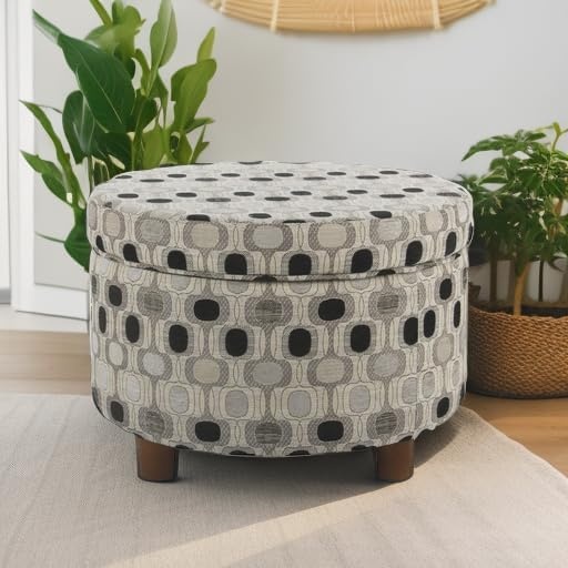 image:imageHomePop 24 Large Round Storage Ottoman Blue Gray Woven FabricBlack Geometric