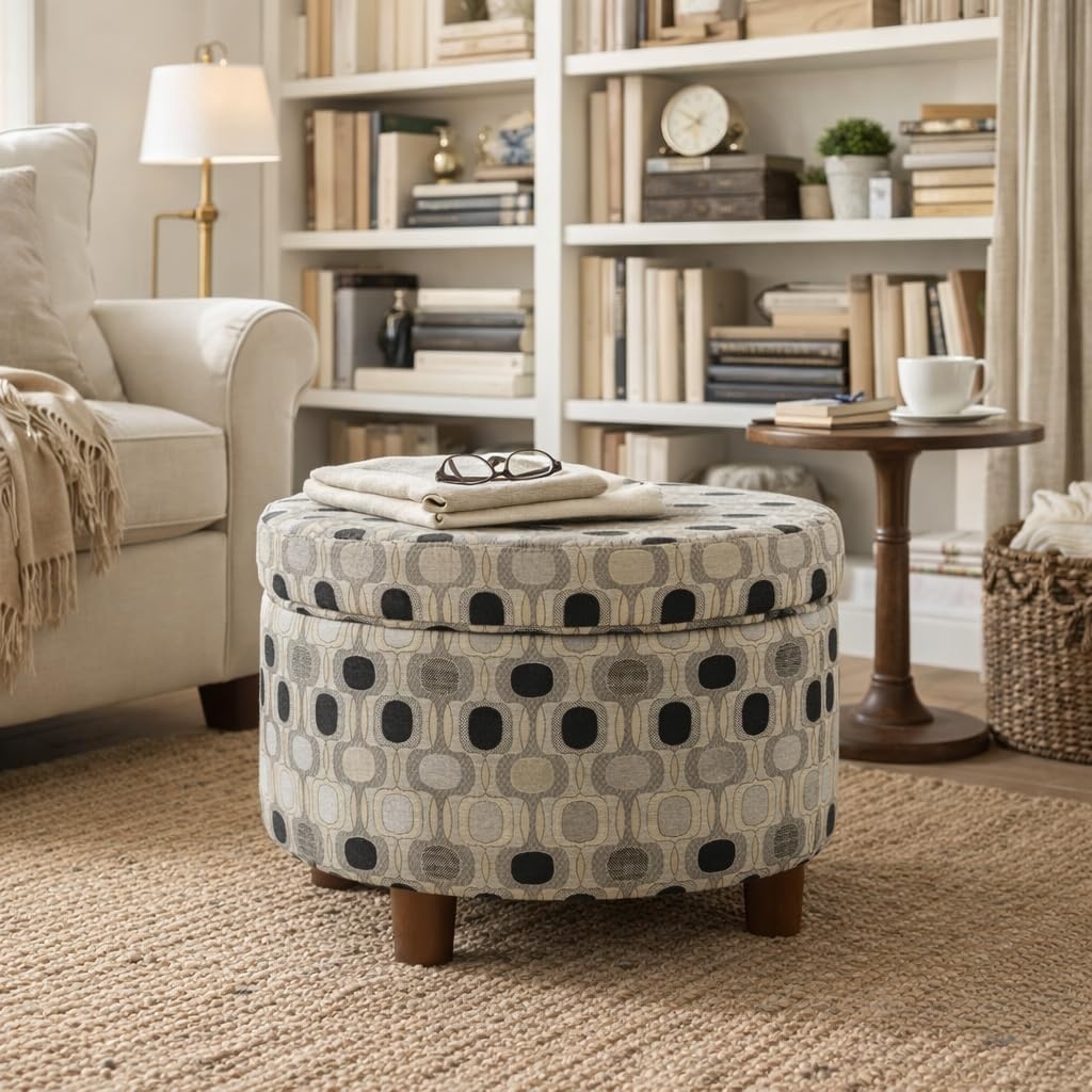 image:imageHomePop 24 Large Round Storage Ottoman Blue Gray Woven FabricBlack Geometric