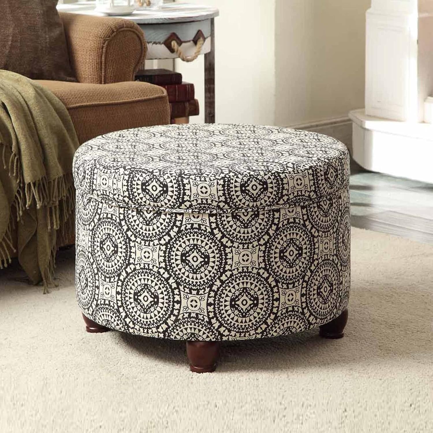 image:imageHomePop 24 Large Round Storage Ottoman Blue Gray Woven FabricBlack and White